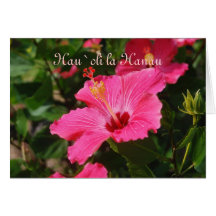Hawaiian Happy Birthday Pink Striped Hibiscus Greeting Card