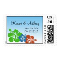 Hawaiian hibiscus flower blue green save the date stamps