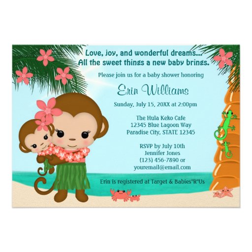 Hawaiian Hula Monkey Baby Shower invitation Beach