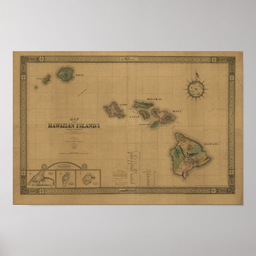 Hawaiian Islands, 1876, Vintage Hawaii Map print