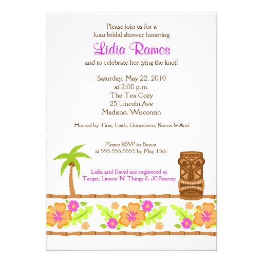 Hawaiian Luau Tropical 5x7 Bridal Shower Invite (front side)