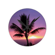 Hawaiian Palm Tree & Colorful Sunset Clock