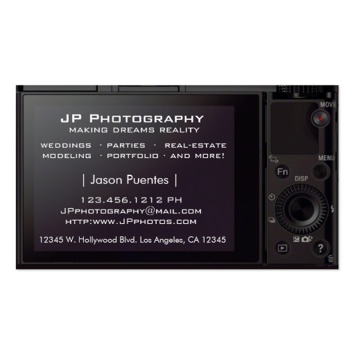 HD Lens Digital Camera Photographer Business Cards (back side)