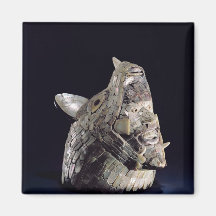 Head of an animal with human head in open jaws fridge magnets