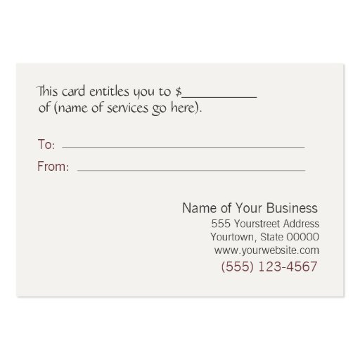 Healing Arts Massage Therapist Gift Certificate Business Card Template (back side)