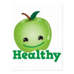 Healthy with green kawaii apple with a cute face post cards