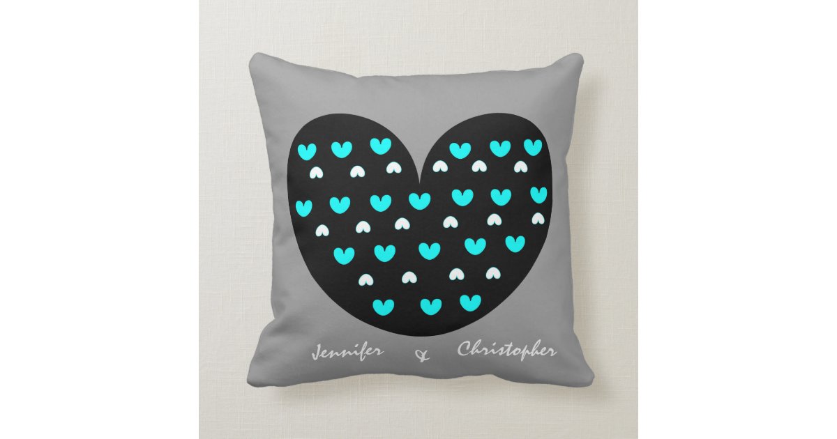 Heart Anniversary Pillow, w Names/Date; Gray/Aqua Pillow Zazzle