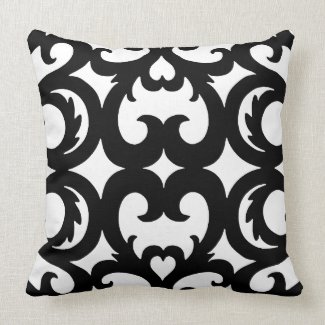 Heart Fretwork Scroll Pattern in Black Throw Pillow