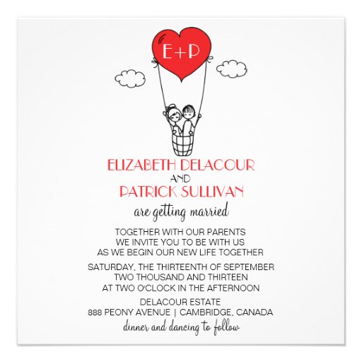 Heart Hot Air Balloon Doodle Wedding Invitation