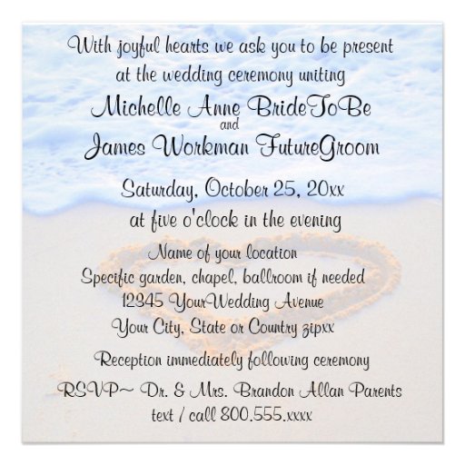 Heart in Sand Beach Wedding with RSVP Personalized Announcement