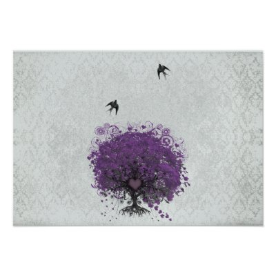 Heart Leaf Eggplant Tree Vintage Birds RSVP Personalized Invitations