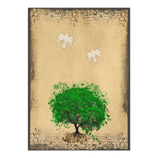 Heart Leaf Emerald Tree Vintage Doves Weddings Custom Announcement