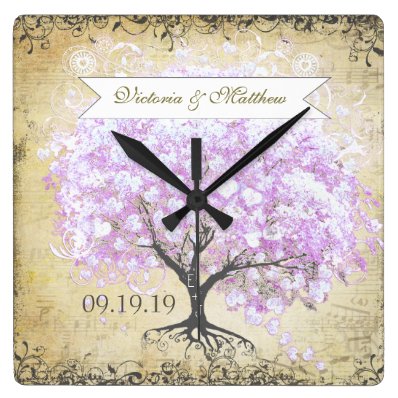 Heart Leaf Lavender Tree Vintage Bird Wedding Square Wallclock