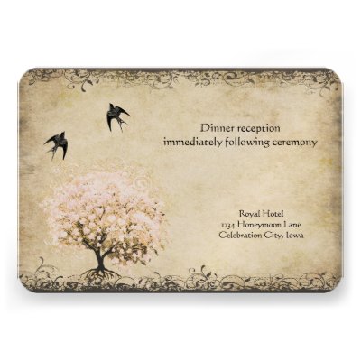 Heart Leaf Pink Tree Vintage Birds Reception Cards Announcement