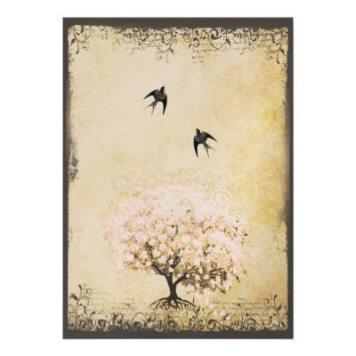 Heart Leaf Pink Tree Vintage Birds Wedding Invites
