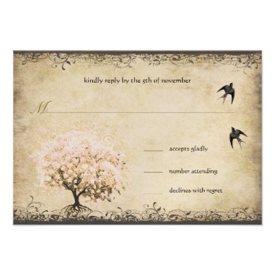 Heart Leaf Pink Tree Vintage Birds Wedding RSVP Custom Invitations
