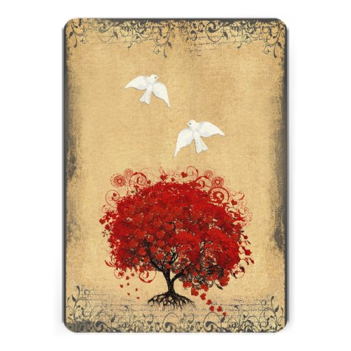 Heart Leaf Red Tree Dove Love Bird Wedding Invite (front side)