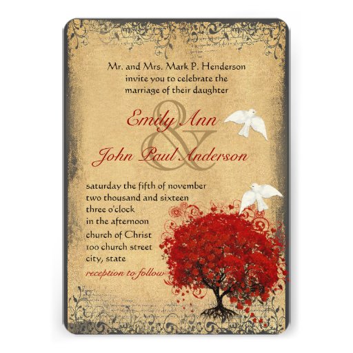 Heart Leaf Red Tree Dove Love Bird Wedding Invite