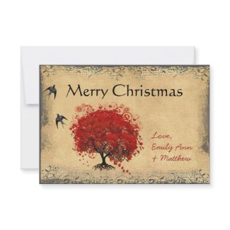 Heart Leaf Red Tree Vintage Bird Christmas invitation