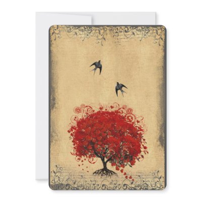Heart Leaf Red Tree Vintage Birds Wedding Invites