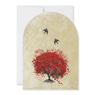 Heart Leaf Red Tree Vintage Birds Wedding Invites invitation
