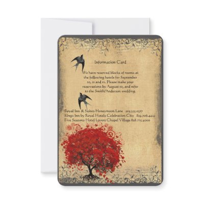 Heart Leaf Red Tree Vintage Birds Wedding RSVP Invite