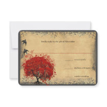 Heart Leaf Red Tree Vintage Birds Wedding RSVP Custom Announcements