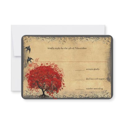 Heart Leaf Red Tree Vintage Birds Wedding RSVP Custom Announcements