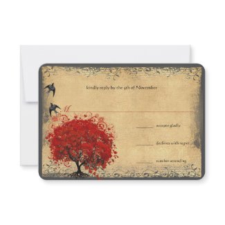Heart Leaf Red Tree Vintage Birds Wedding RSVP invitation