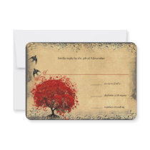 Heart Leaf Red Tree Vintage Birds Wedding RSVP Custom Announcements