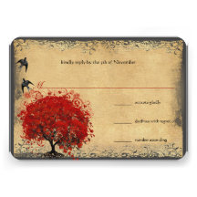 Heart Leaf Red Tree Vintage Birds Wedding RSVP Custom Announcements
