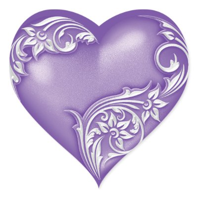 Heart Scroll Purple w White Heart Stickers