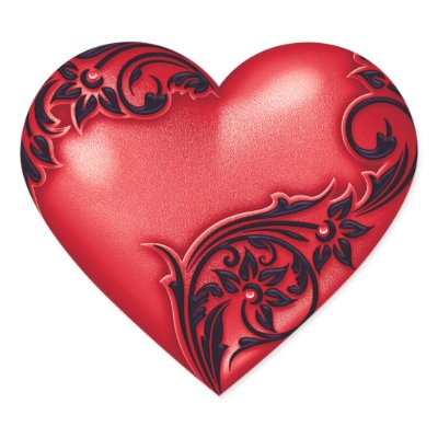 Heart Scroll Red w Black Heart Stickers