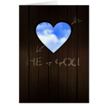 heart shape cut into wooden door/ Valentine card