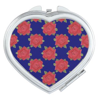 Heart-shaped Compact Mirrors: Red Roses on Blue