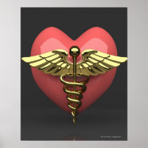 Heart symbol with medical symbol (caduceus) posters