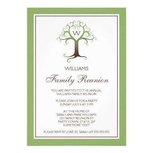 Heart tree monogram initial family reunion invite (front side)