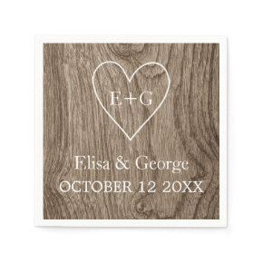Heart with initials wood grain rustic wedding standard cocktail napkin