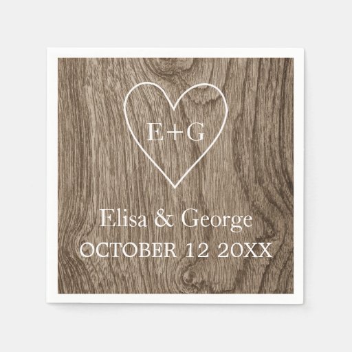 Heart with initials wood grain rustic wedding paper napkin Zazzle