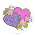 Hearts and Blossoms - Shocking Pink Blue Round Sticker