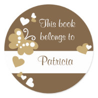 Hearts And Butterfly Custom Bookplate Labels Round Sticker
