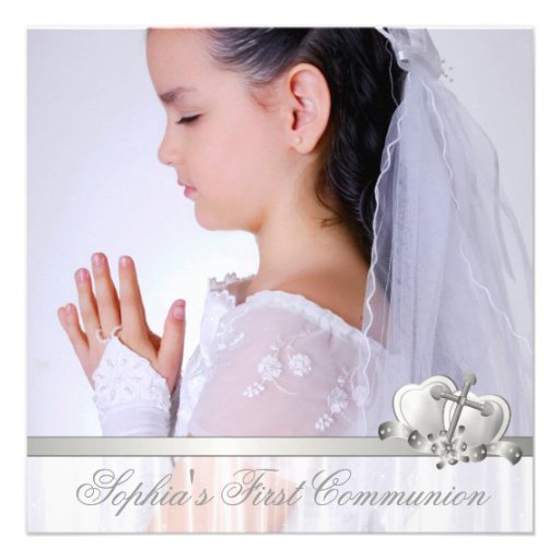 Hearts and Cross Girls White Photo First Communion Personalized Invitations (front side)