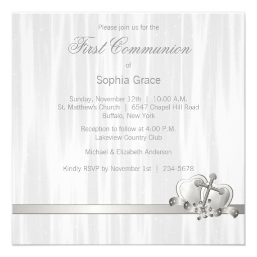 Hearts and Cross Girls White Photo First Communion Personalized Invitations