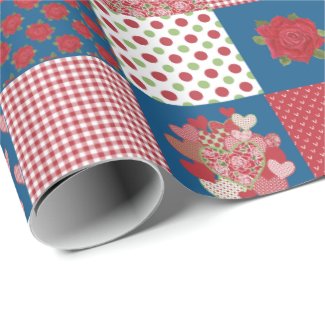 Hearts and Roses Faux Patchwork Wrapping Paper