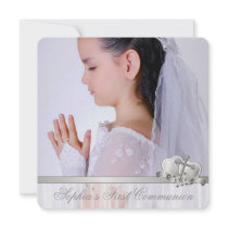 Hearts Cross Girls White Photo First Communion Personalized Invitations