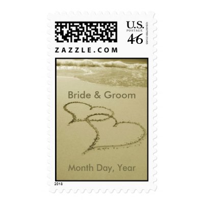 Hearts In The Sand and  Surf for Wedding Postage Stamp