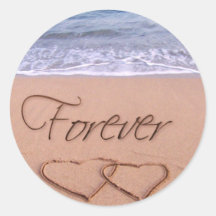 Hearts in the sand forever round stickers