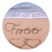 Hearts in the sand forever round stickers