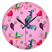 Hearts & Peacocks - Pink & Cyan Delight wall clocks
