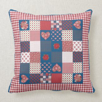 Hearts, Roses Faux-Patchwork Pillow or Cushion